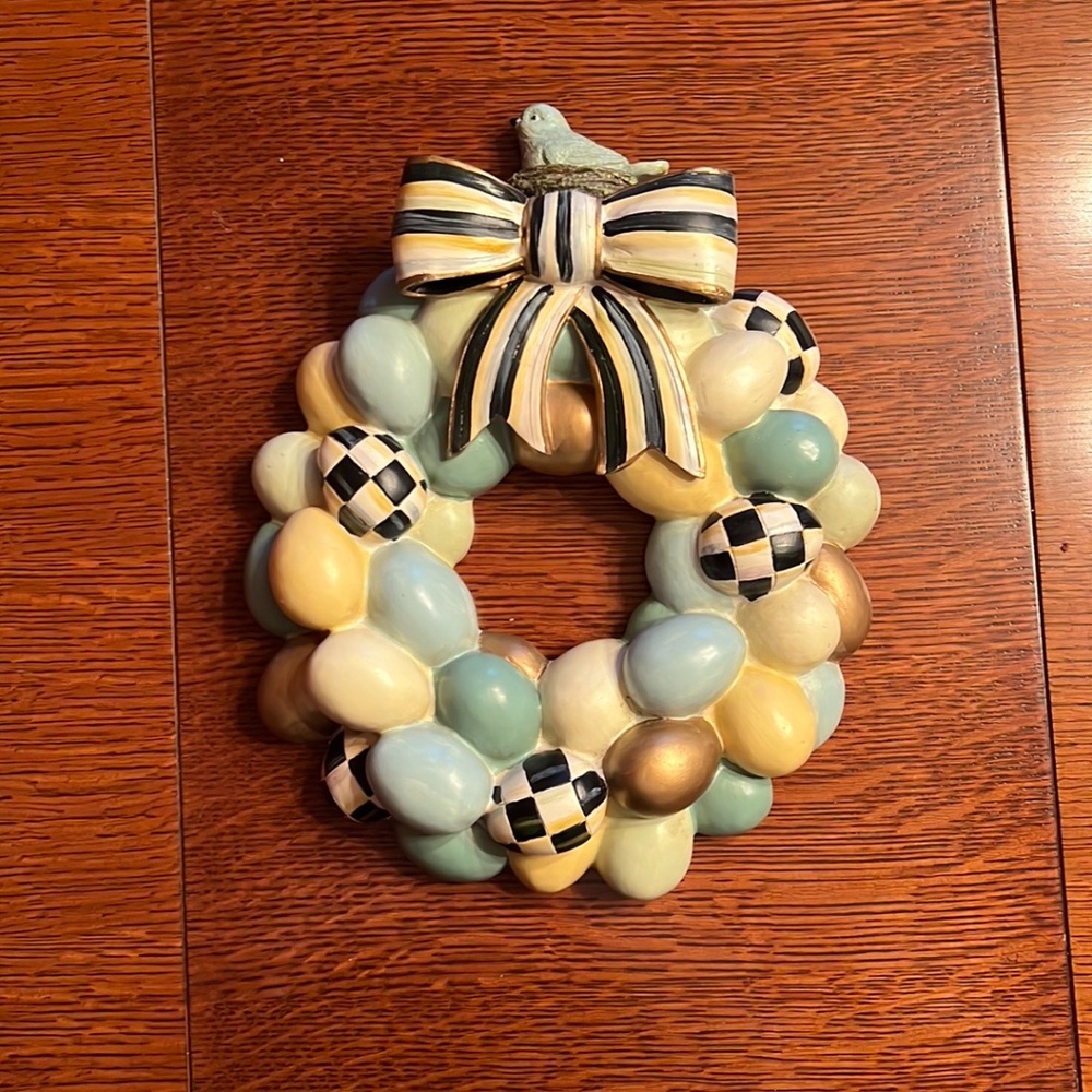 MACKENZIE-CHILDS Bird's Nest Easter Egg Wreath Blue Cream Courtly Check Bow